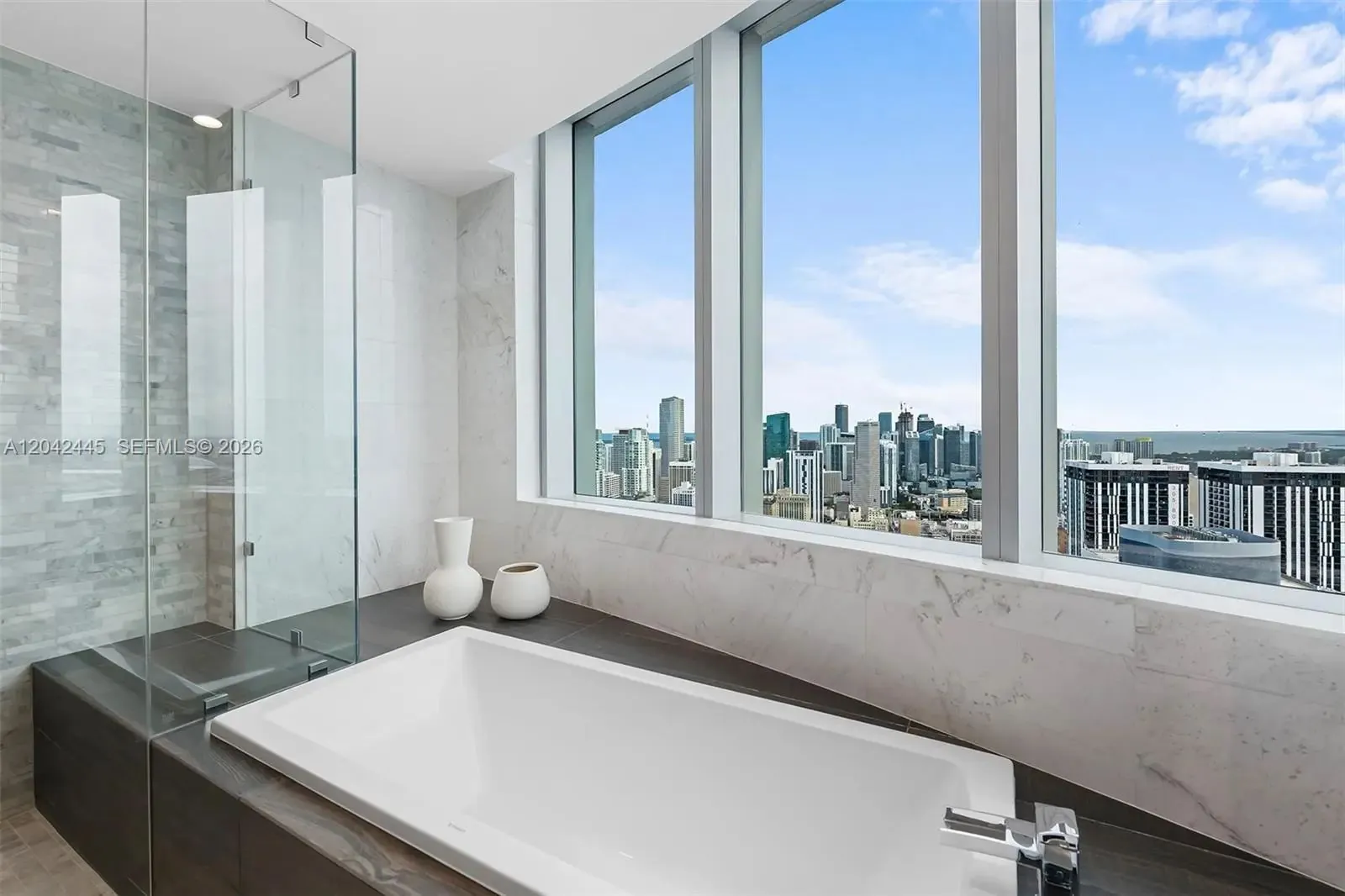 Soaking tub with city views